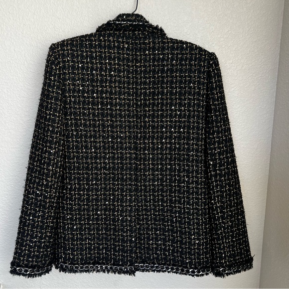 NWT Alice + Olivia Shan Tweed Chain Trim Blazer Jacket Black Metallic Size 0 - Picture 16 of 16